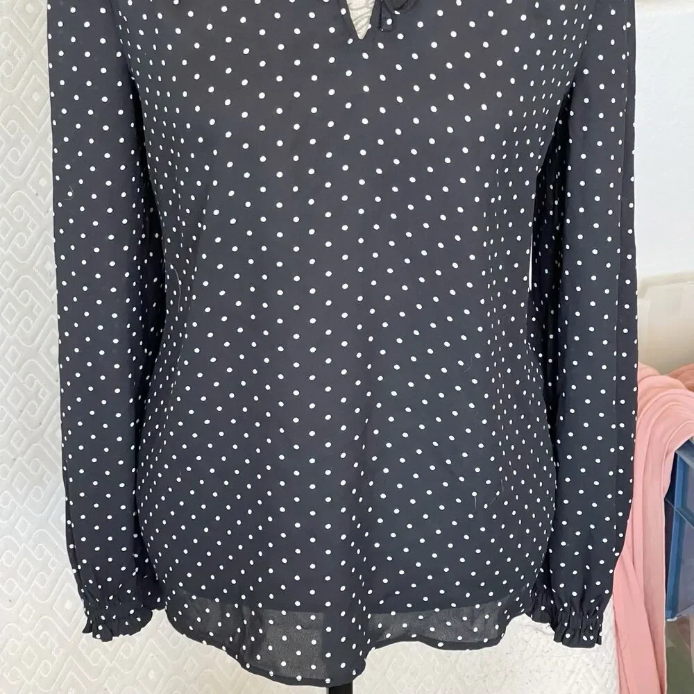 Loft Womens Ruffle Long Sleeve Blouse Polka Dots Front Keyhole Black Sz Small